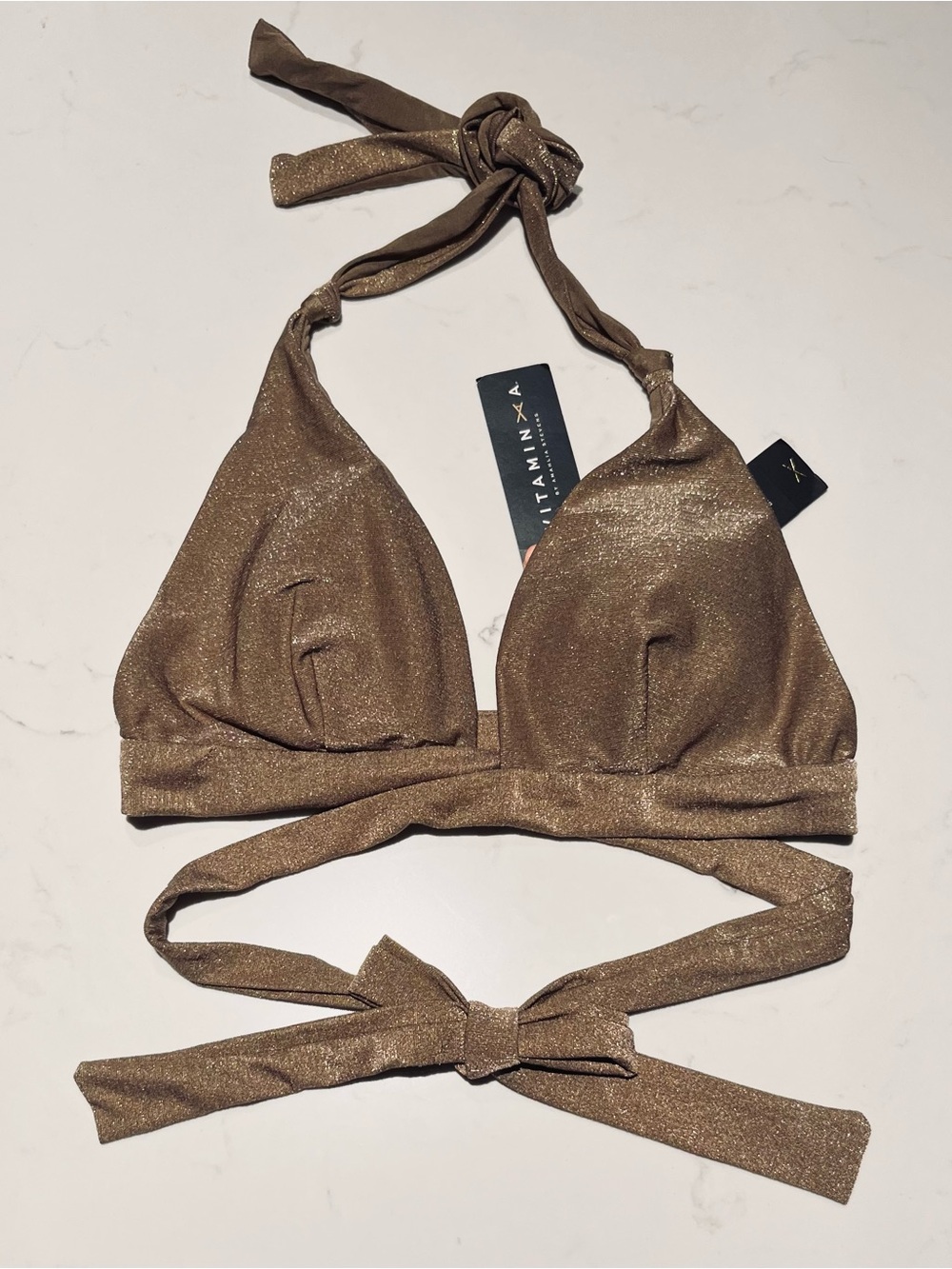 Vitamin A • L • Shimmer Golden Bronze Triangle Wrap Halter Bikini Top